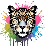 lisa frank inspired leopard face with a leopard print background. paint splatter included  tattoo design idea