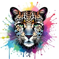 lisa frank inspired leopard face with a leopard print background. paint splatter included  tattoo design idea
