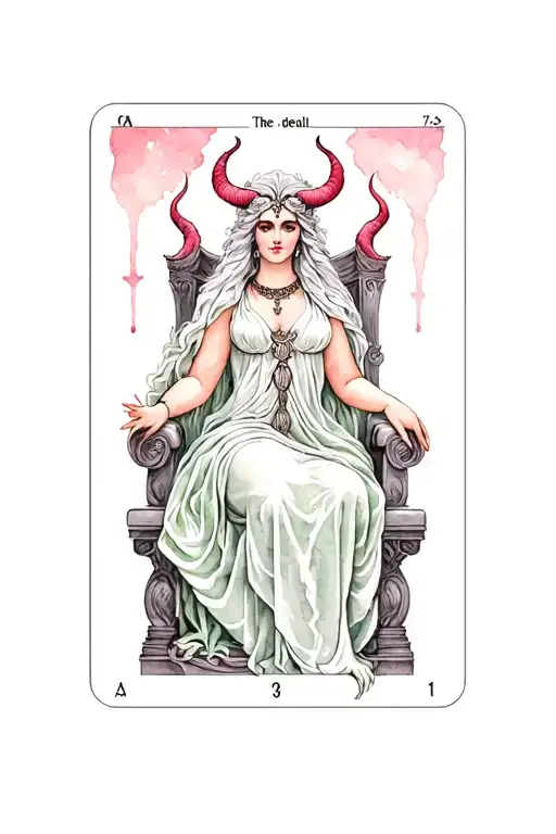 Create a Tarot Card for The devil Tarot card. Elegant goddess on a throne. watercolour. Grey, Sage green and soft pink  tattoo design idea