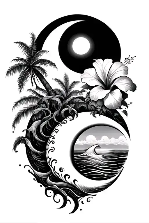 sun and moon and banyan tree and hibiscus flower with ocean waves tattoo design idea