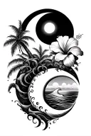 sun and moon and banyan tree and hibiscus flower with ocean waves tattoo design idea