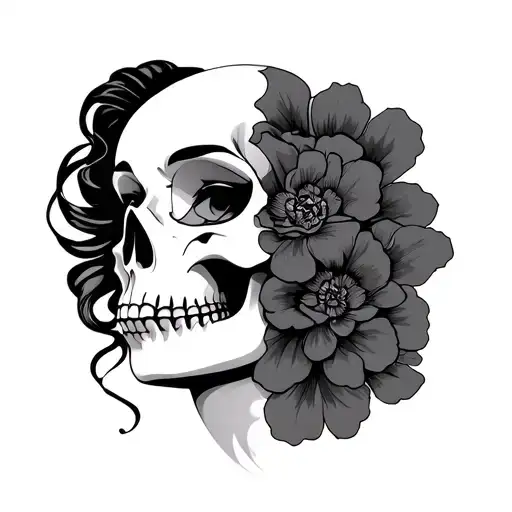 geisha half face skull adorned tattoo design idea