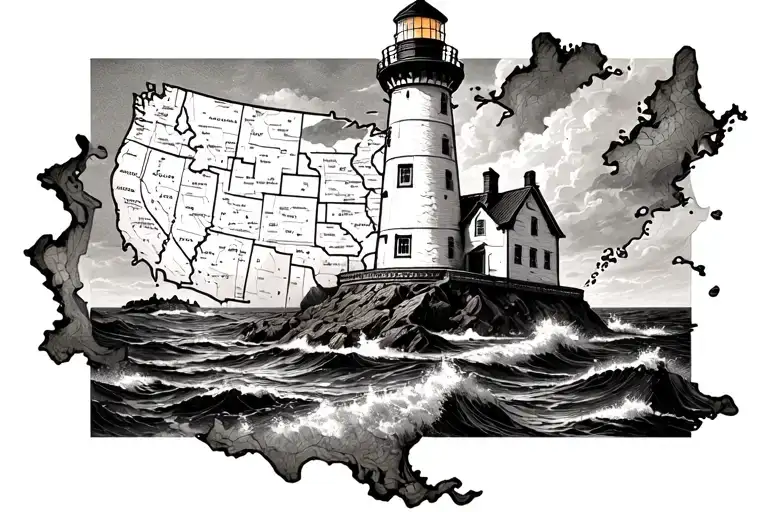 lighthouse coming out of a paper map tattoo design idea