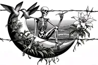 skeleton sitting on half moon above an ocean holding a hummingbird and lilies growing on barbed wire tattoo design idea