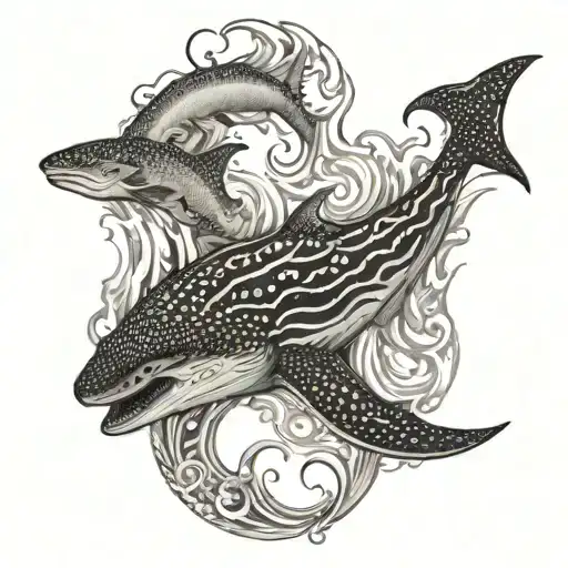 a whale shark and horse in a yin-yang style, with water waves around the whale shark and fire pattern around the horse tattoo design idea