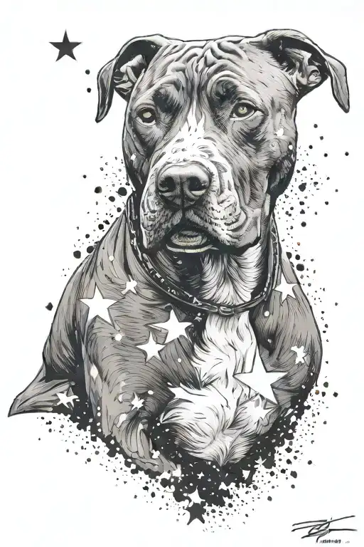 pitbull dog with background of stars tattoo design idea