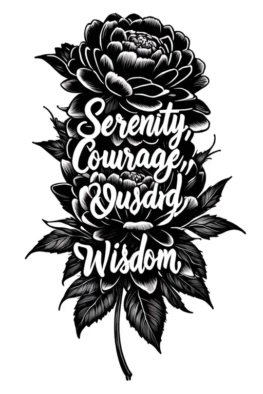 "Serenity, Courage, Wisdom" peony flowers with leaves tattoo design idea