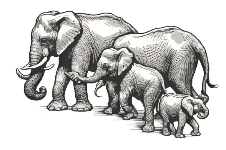 mama elephant, walking, two baby elephants in a line holding trunk to tail tattoo design idea