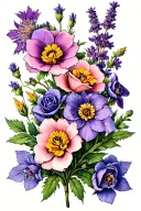 Prairie gentian flowers, buttercup flowers, sea lavender flowers , small roses , big roses, and Myrtle  flowers tattoo design idea