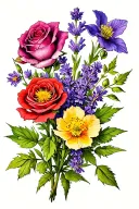 Prairie gentian flowers, buttercup flowers, sea lavender flowers , small roses , big roses, and Myrtle  flowers tattoo design idea