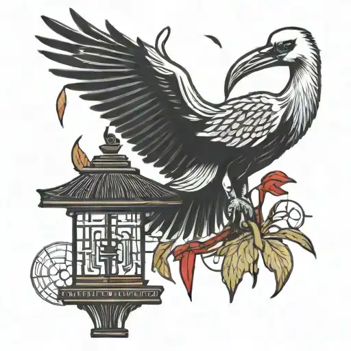 Hieroglyphs and a small stork made of black lines. There are also Japanese lanterns, lilies and a fan made of red lines tattoo design idea