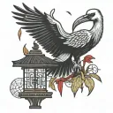 Hieroglyphs and a small stork made of black lines. There are also Japanese lanterns, lilies and a fan made of red lines tattoo design idea