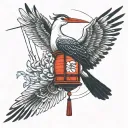 Hieroglyphs and a small stork made of black lines. There are also Japanese lanterns, lilies and a fan made of red lines tattoo design idea