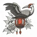 Hieroglyphs and a small stork made of black lines. There are also Japanese lanterns, lilies and a fan made of red lines tattoo design idea