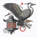 Hieroglyphs and a small stork made of black lines. There are also Japanese lanterns, lilies and a fan made of red lines tattoo design idea