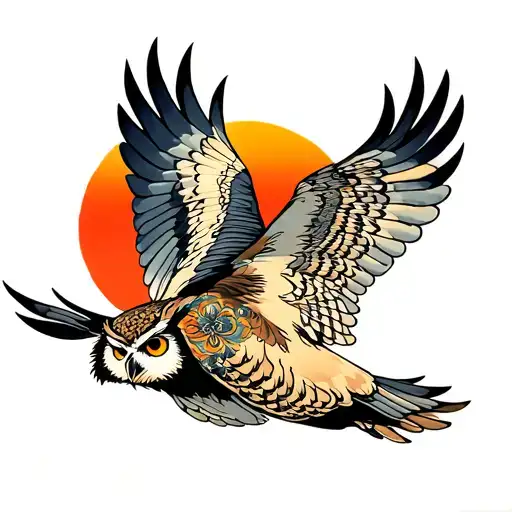 owl flying with desert landscape tattoo design idea