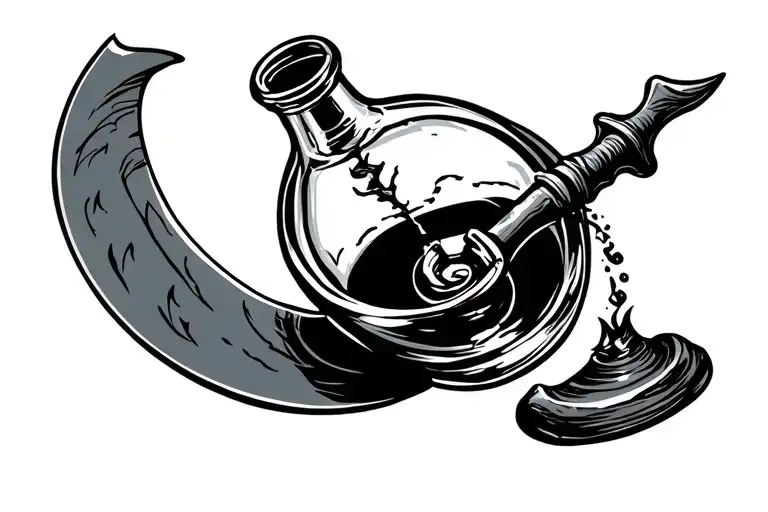 full length scythe blade cutting an hour glass bottle in half tattoo design idea
