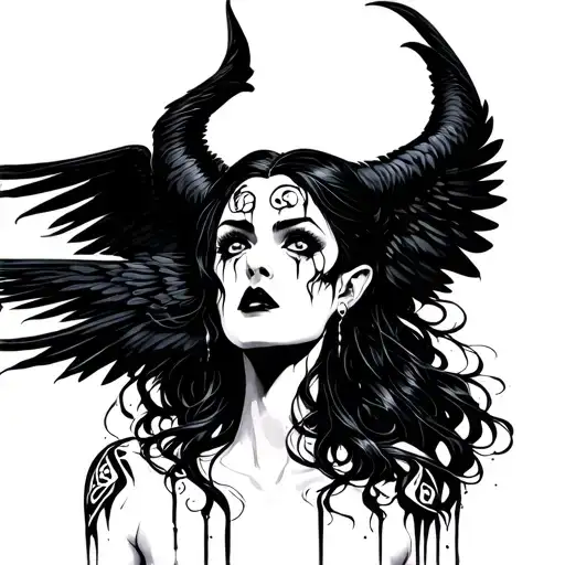   maleficent looking up in betrayed, tears running down her face with her big black crow wings down hair runing down her tattoo design idea