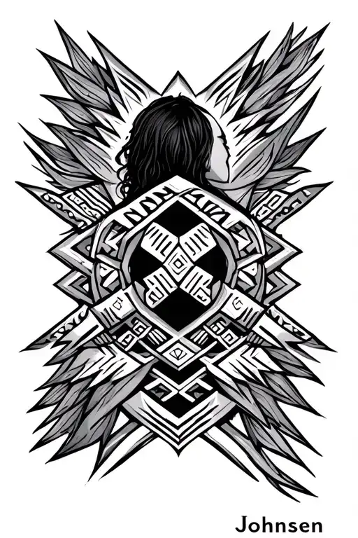 surname Johnsen with Nordic geometric and tribal accents at the back of my arm stretching from the elbow to my hand tattoo design idea