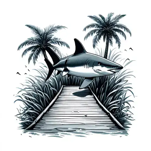 shark swimming near board walk villa nestled among palm top view black tip reef shark tattoo design idea