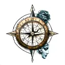 clock compass and lady head surrounded tattoo design idea