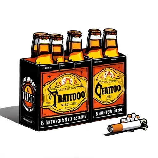 6 pack of beer next to pack of cigarettes standing straight tattoo design idea