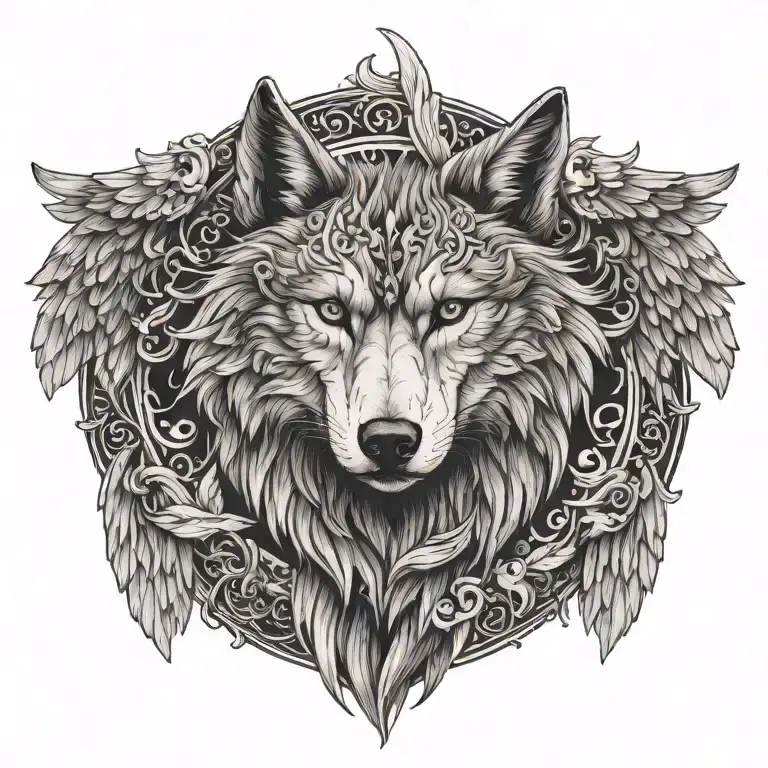 Wolf head with angel wings tattoo design idea