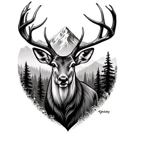 Majestic realistic deer head surrounded by forest and above a medium mountain tattoo design idea