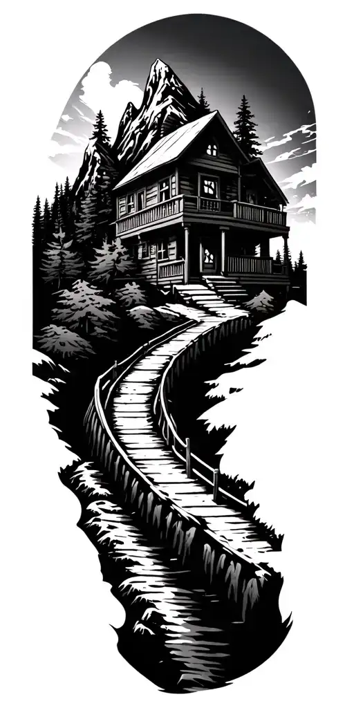 Mountain cabin and rail winding road leading tattoo design idea