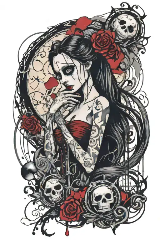 A tattoo left full sleeve with elements of Tim Burton's films: corpse bride and nightmare before christmas tattoo design idea