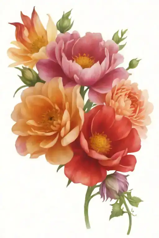 chrysanthemum, peonydaisy, sweet pea, aster, and morning glory bouquet tattoo design idea