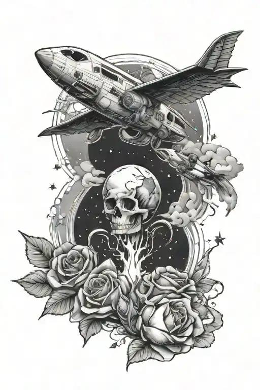 quarter sleeve tattoo in black and white for man with moon and rocket, rose, butterfly and beach tattoo design idea
