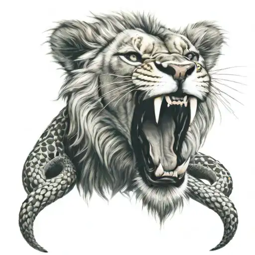 an angry lion bit the throat of a big snake tattoo design idea