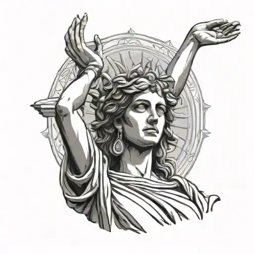 greek woman statue holding her both hands up in the air full sized photo tattoo design idea