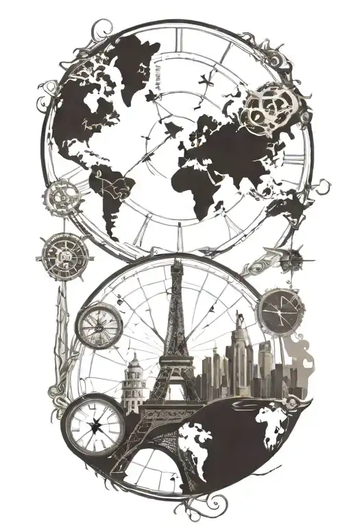 world map, compass, eiffel tower, dubai tower skyline, clock, compass tattoo design idea