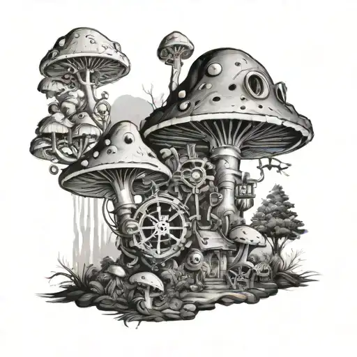 Steampunk, mushroom forest tattoo design idea