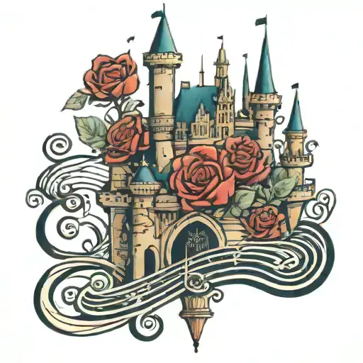 A Disney castle made out of roses with a music staff weaving through it tattoo design idea