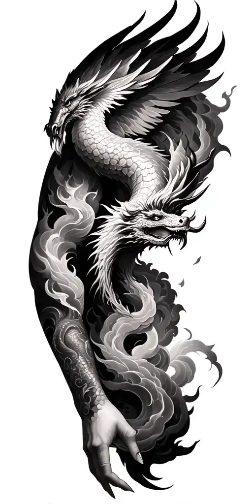  Full arm sleeve tattoo with dragons, phoenix, griffins, serpents weaving through clouds and fire, black grey  tattoo design idea