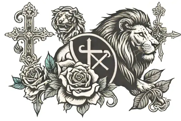 religious cross rose lion warrior tattoo design idea