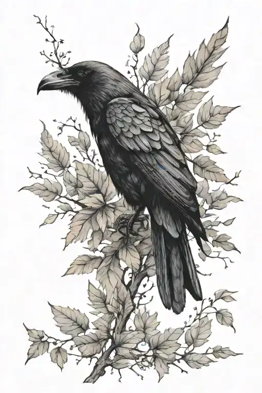 crow with leaves falling tattoo design idea