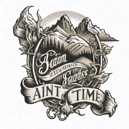 mountain peaks with horseshoe.  script "Ain't here for a long time, here for a good time tattoo design idea