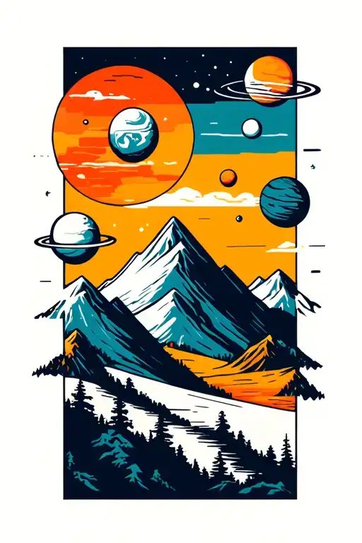 Mountain landscape planets surrounding tattoo design idea