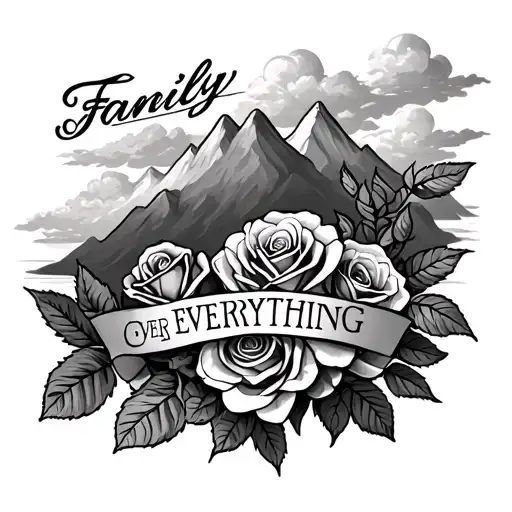 roses and God with mountains and clouds surrounding with the words family over everything  tattoo design idea