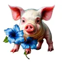 baby pig with a blue morning glory flower tattoo design idea