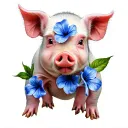 baby pig with a blue morning glory flower tattoo design idea