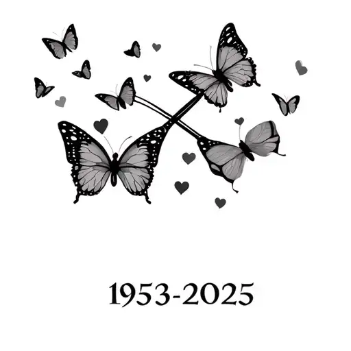 "1953-2025" infinity symbol 2 butterflies with 7 small butterfly or hearts symbolic of sisterhood  tattoo design idea