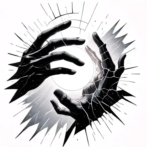 Two delicate linework hands reaching for each other with:	•	Static lines	•	Glitch effect	•	Broken halo above tattoo design idea