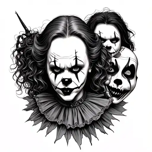 Illustrate me tattoo with pennywise, Annabelle , valak, art the clown, jigsaw, ghost face, the red faced demon and Fredd tattoo design idea