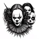 Illustrate me tattoo with pennywise, Annabelle , valak, art the clown, jigsaw, ghost face, the red faced demon and Fredd tattoo design idea