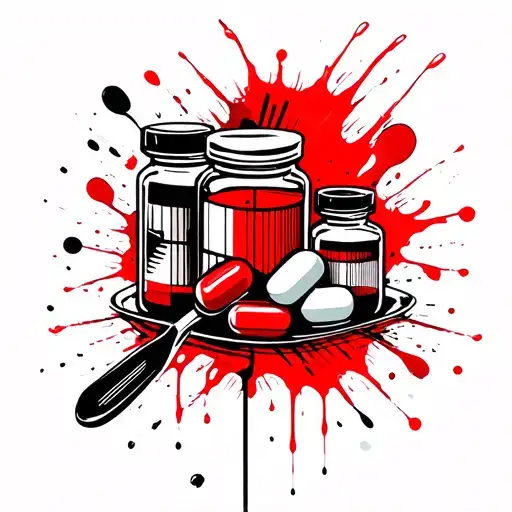 pharmacy pill bottles, pill capsules, caffeine, pharmacy counting spatula, pharmacy counting tray tattoo design idea